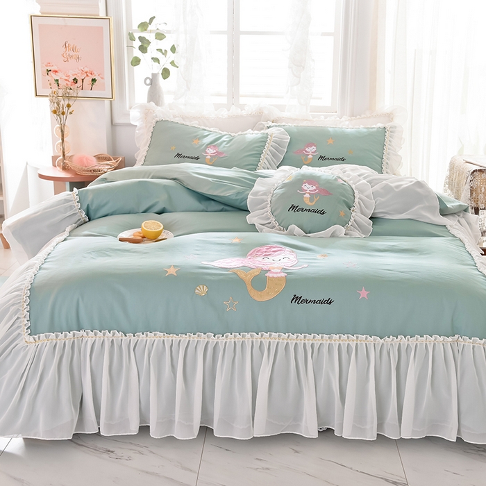 91家纺网 家纺一手货源 找家纺 花香四季家纺 2025新款13376纯棉贴布刺绣雪纺纱四件套-人鱼小姐  人鱼小姐青