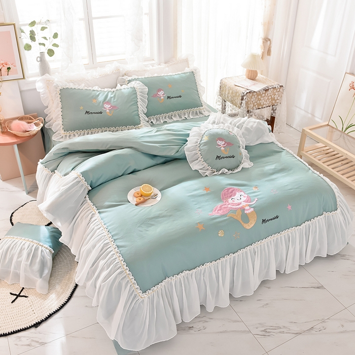 91家纺网 家纺一手货源 找家纺 花香四季家纺 2025新款13376纯棉贴布刺绣雪纺纱四件套-人鱼小姐  人鱼小姐青