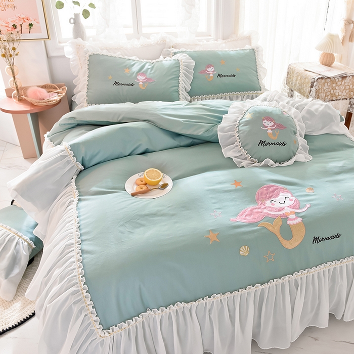 91家纺网 家纺一手货源 找家纺 花香四季家纺 2025新款13376纯棉贴布刺绣雪纺纱四件套-人鱼小姐  人鱼小姐青