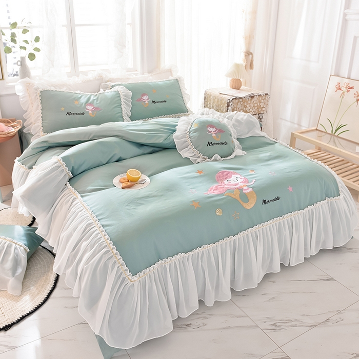 91家纺网 家纺一手货源 找家纺 花香四季家纺 2025新款13376纯棉贴布刺绣雪纺纱四件套-人鱼小姐  人鱼小姐青