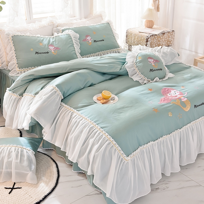 91家纺网 家纺一手货源 找家纺 花香四季家纺 2025新款13376纯棉贴布刺绣雪纺纱四件套-人鱼小姐  人鱼小姐青