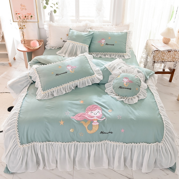 91家纺网 家纺一手货源 找家纺 花香四季家纺 2025新款13376纯棉贴布刺绣雪纺纱四件套-人鱼小姐  人鱼小姐青