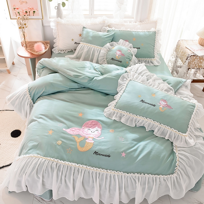 91家纺网 家纺一手货源 找家纺 花香四季家纺 2025新款13376纯棉贴布刺绣雪纺纱四件套-人鱼小姐  人鱼小姐青