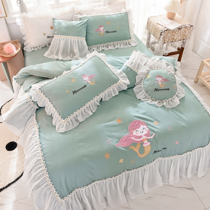 91家纺网 家纺一手货源 找家纺 花香四季家纺 2025新款13376纯棉贴布刺绣雪纺纱四件套-人鱼小姐  人鱼小姐青