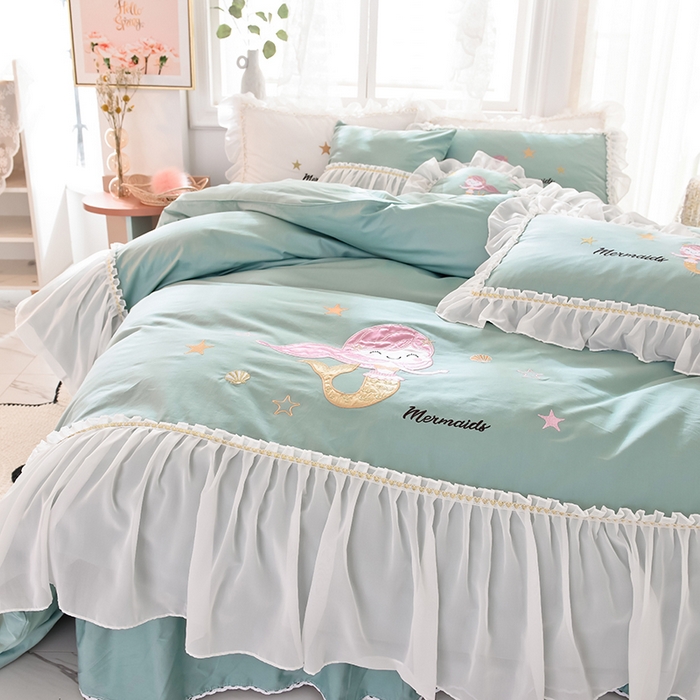 91家纺网 家纺一手货源 找家纺 花香四季家纺 2025新款13376纯棉贴布刺绣雪纺纱四件套-人鱼小姐  人鱼小姐青