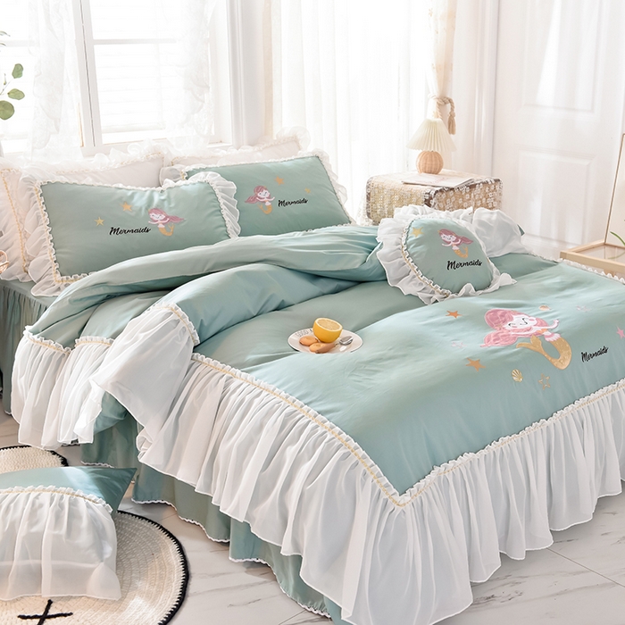 91家纺网 家纺一手货源 找家纺 花香四季家纺 2025新款13376纯棉贴布刺绣雪纺纱四件套-人鱼小姐  人鱼小姐青