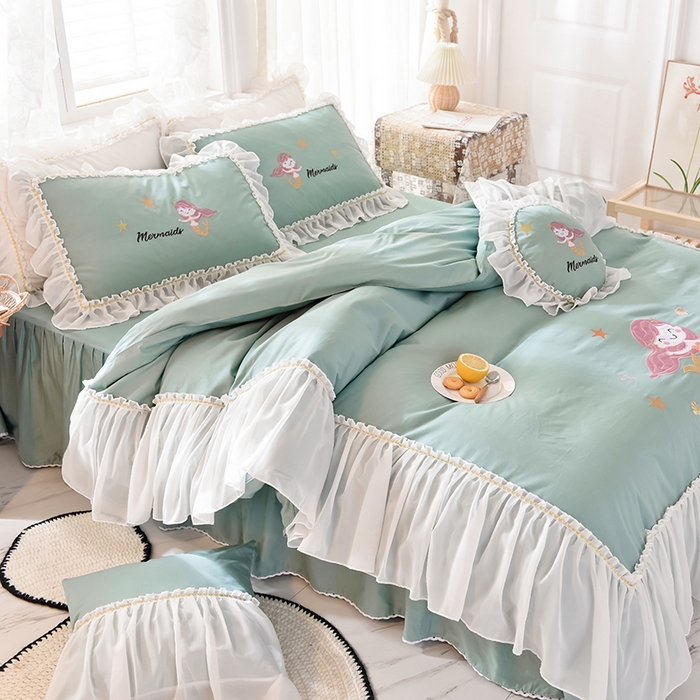 91家纺网 家纺一手货源 找家纺 花香四季家纺 2025新款13376纯棉贴布刺绣雪纺纱四件套-人鱼小姐  人鱼小姐青