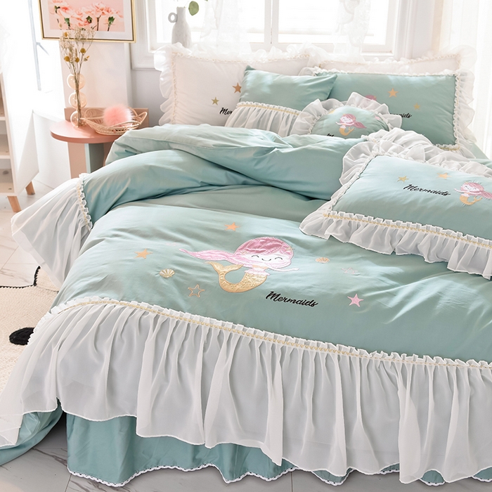 91家纺网 家纺一手货源 找家纺 花香四季家纺 2025新款13376纯棉贴布刺绣雪纺纱四件套-人鱼小姐  人鱼小姐青