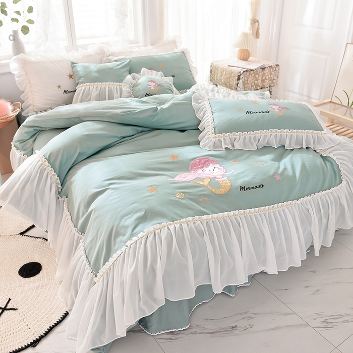 91家纺网 家纺一手货源 找家纺 花香四季家纺 2025新款13376纯棉贴布刺绣雪纺纱四件套-人鱼小姐  人鱼小姐青