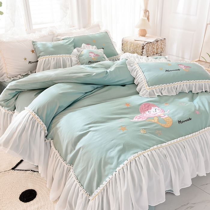 91家纺网 家纺一手货源 找家纺 花香四季家纺 2025新款13376纯棉贴布刺绣雪纺纱四件套-人鱼小姐  人鱼小姐青