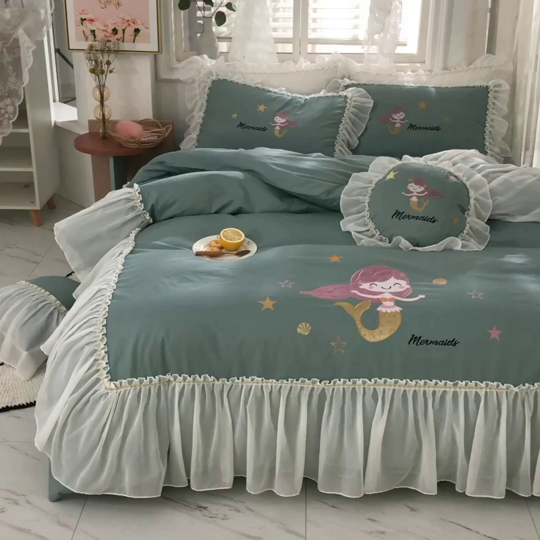 91家纺网 家纺一手货源 找家纺 花香四季家纺 2025新款13376纯棉贴布刺绣雪纺纱四件套-人鱼小姐  人鱼小姐青