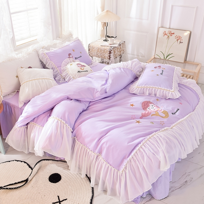 91家纺网 家纺一手货源 找家纺 花香四季家纺 2025新款13376纯棉贴布刺绣雪纺纱四件套-人鱼小姐  人鱼小姐紫