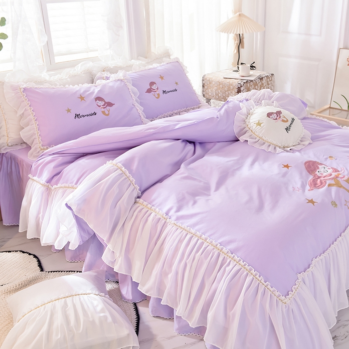 91家纺网 家纺一手货源 找家纺 花香四季家纺 2025新款13376纯棉贴布刺绣雪纺纱四件套-人鱼小姐  人鱼小姐紫