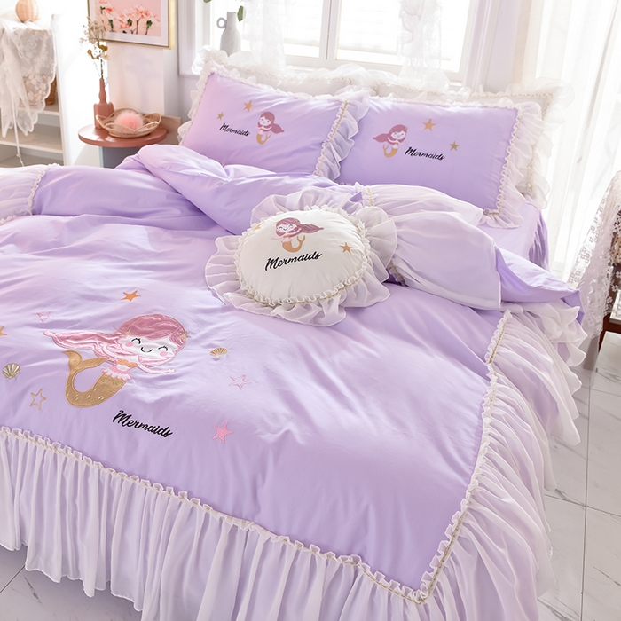 91家纺网 家纺一手货源 找家纺 花香四季家纺 2025新款13376纯棉贴布刺绣雪纺纱四件套-人鱼小姐  人鱼小姐紫