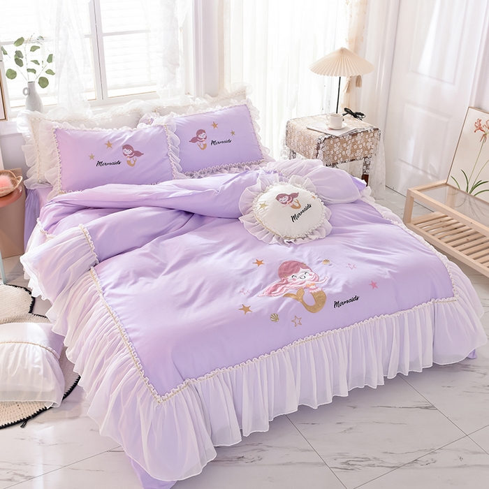 91家纺网 家纺一手货源 找家纺 花香四季家纺 2025新款13376纯棉贴布刺绣雪纺纱四件套-人鱼小姐  人鱼小姐紫