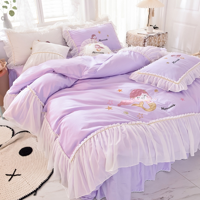 91家纺网 家纺一手货源 找家纺 花香四季家纺 2025新款13376纯棉贴布刺绣雪纺纱四件套-人鱼小姐  人鱼小姐紫