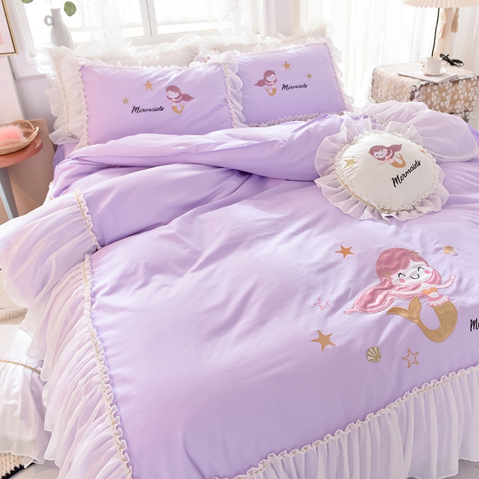 91家纺网 家纺一手货源 找家纺 花香四季家纺 2025新款13376纯棉贴布刺绣雪纺纱四件套-人鱼小姐  人鱼小姐紫