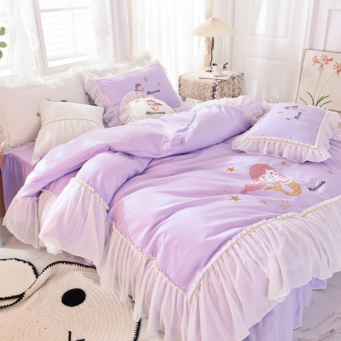 91家纺网 家纺一手货源 找家纺 花香四季家纺 2025新款13376纯棉贴布刺绣雪纺纱四件套-人鱼小姐  人鱼小姐紫