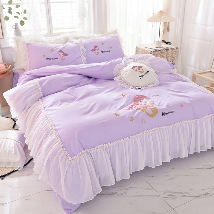 91家纺网 家纺一手货源 找家纺 花香四季家纺 2025新款13376纯棉贴布刺绣雪纺纱四件套-人鱼小姐  人鱼小姐紫