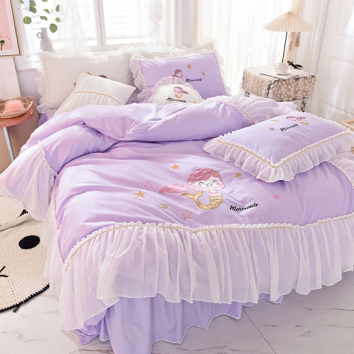 91家纺网 家纺一手货源 找家纺 花香四季家纺 2025新款13376纯棉贴布刺绣雪纺纱四件套-人鱼小姐  人鱼小姐紫