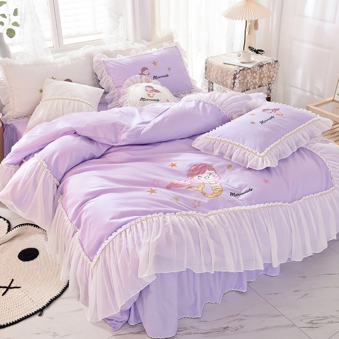 91家纺网 家纺一手货源 找家纺 花香四季家纺 2025新款13376纯棉贴布刺绣雪纺纱四件套-人鱼小姐  人鱼小姐紫