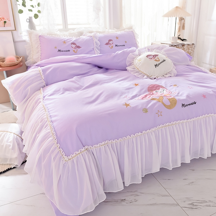 91家纺网 家纺一手货源 找家纺 花香四季家纺 2025新款13376纯棉贴布刺绣雪纺纱四件套-人鱼小姐  人鱼小姐紫