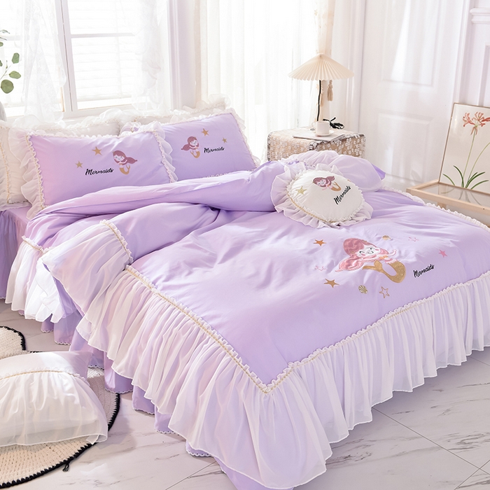 91家纺网 家纺一手货源 找家纺 花香四季家纺 2025新款13376纯棉贴布刺绣雪纺纱四件套-人鱼小姐  人鱼小姐紫