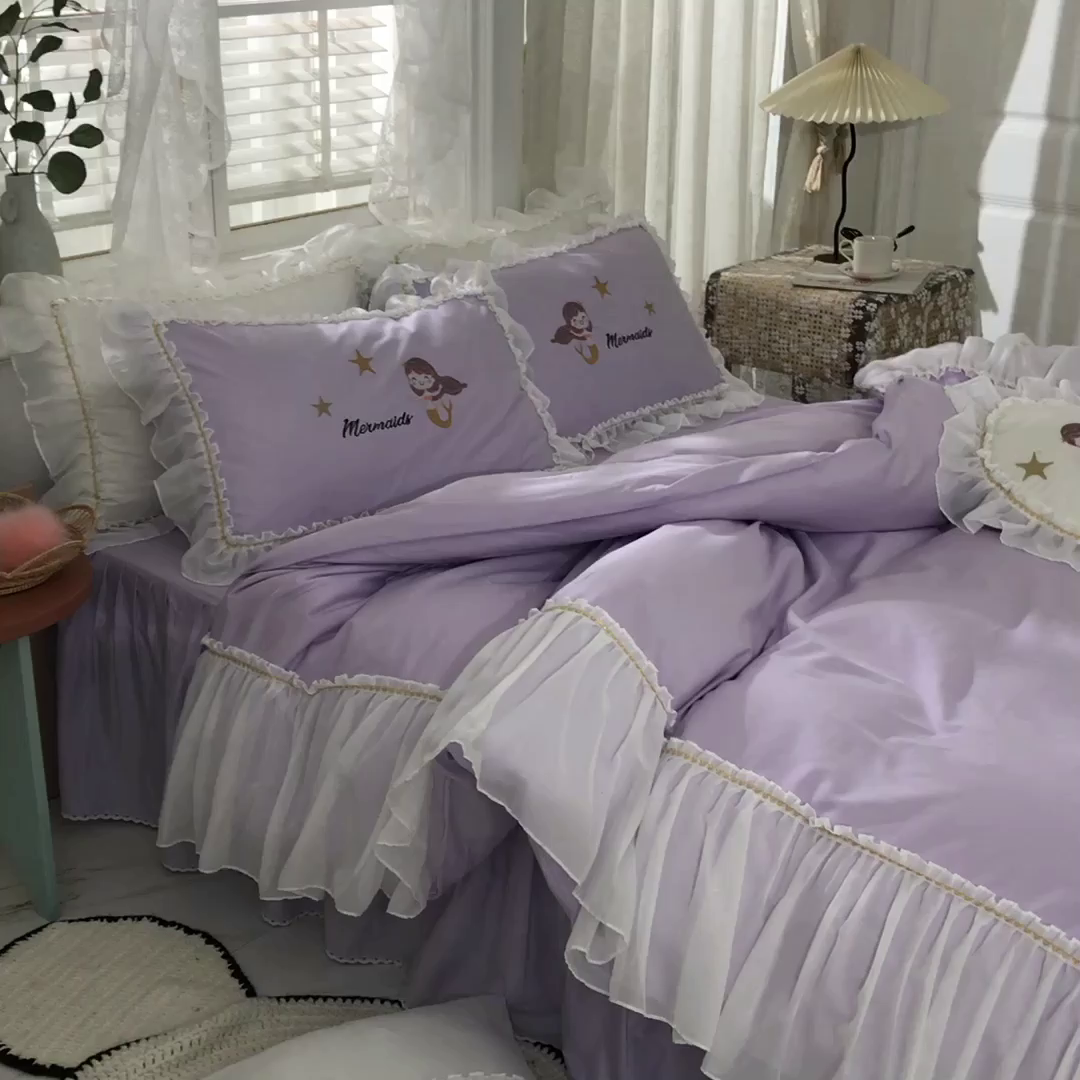 91家纺网 家纺一手货源 找家纺 花香四季家纺 2025新款13376纯棉贴布刺绣雪纺纱四件套-人鱼小姐  人鱼小姐紫