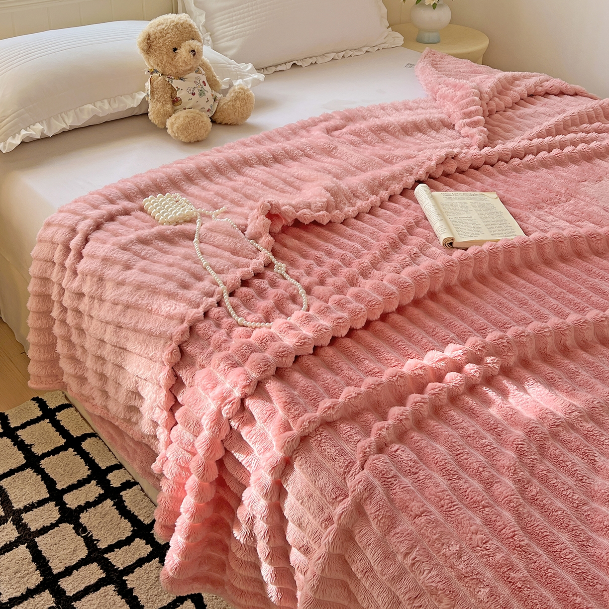 91家纺网 家纺一手货源 找家纺 耀悦家纺 2025新款高克重双面兔兔绒毛毯-柔梦系列一件代发外贸 柔梦-豆沙