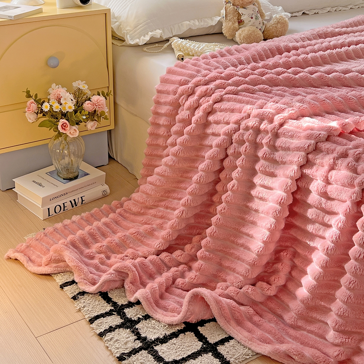 91家纺网 家纺一手货源 找家纺 耀悦家纺 2025新款高克重双面兔兔绒毛毯-柔梦系列一件代发外贸 柔梦-豆沙
