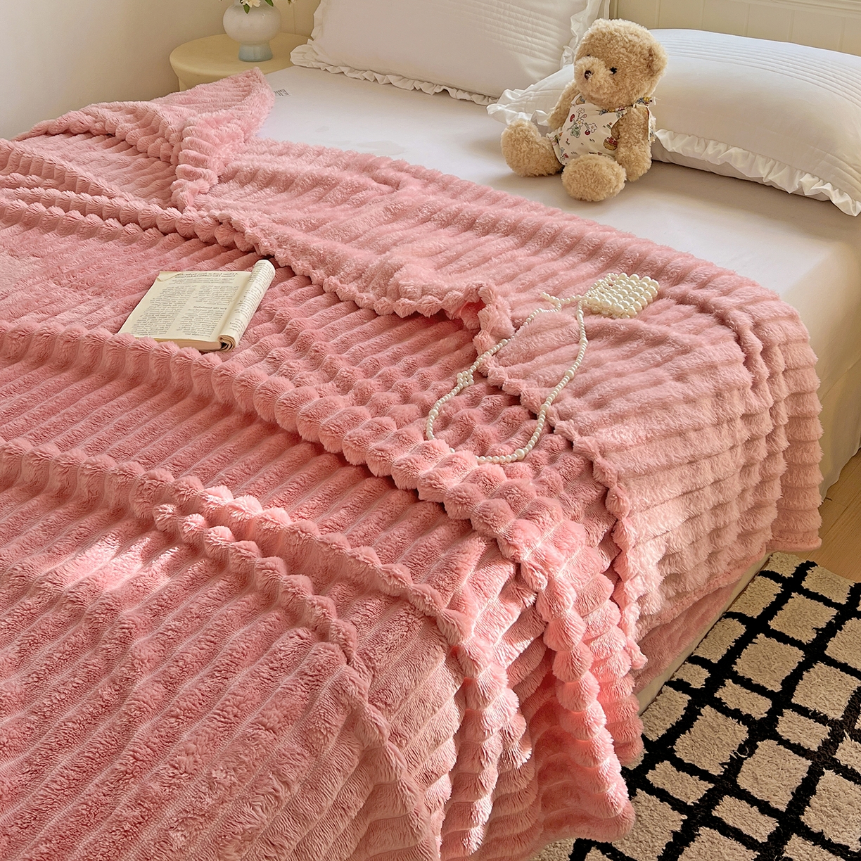 91家纺网 家纺一手货源 找家纺 耀悦家纺 2025新款高克重双面兔兔绒毛毯-柔梦系列一件代发外贸 柔梦-豆沙