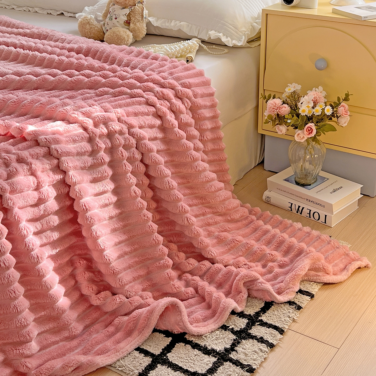 91家纺网 家纺一手货源 找家纺 耀悦家纺 2025新款高克重双面兔兔绒毛毯-柔梦系列一件代发外贸 柔梦-豆沙