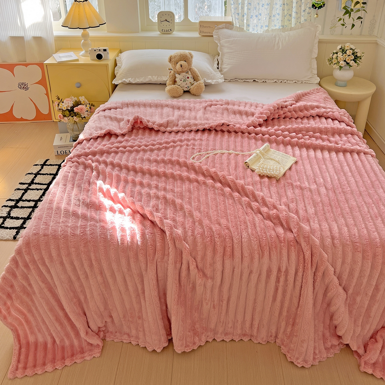 91家纺网 家纺一手货源 找家纺 耀悦家纺 2025新款高克重双面兔兔绒毛毯-柔梦系列一件代发外贸 柔梦-豆沙