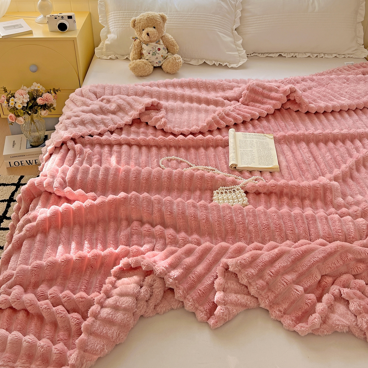 91家纺网 家纺一手货源 找家纺 耀悦家纺 2025新款高克重双面兔兔绒毛毯-柔梦系列一件代发外贸 柔梦-豆沙