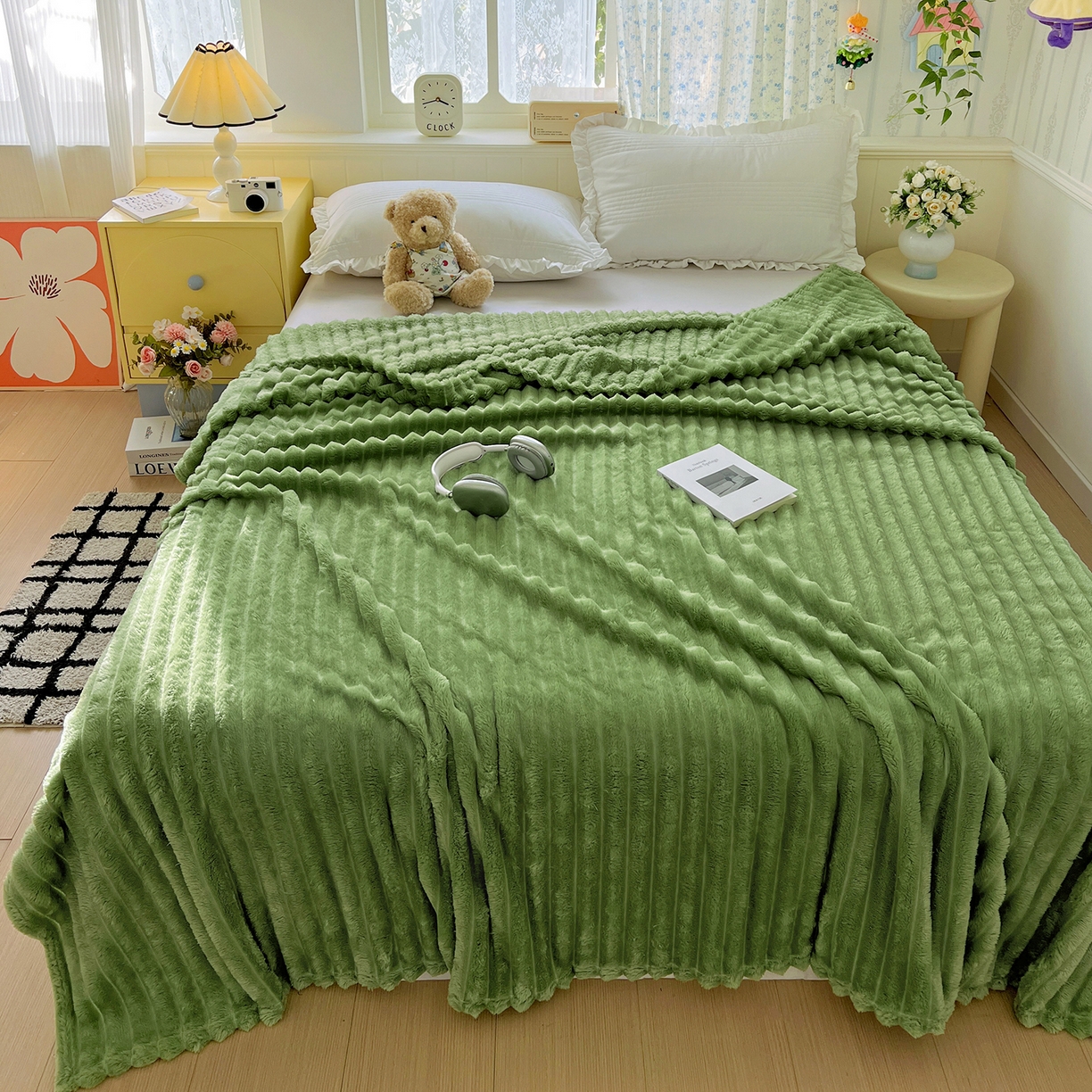 91家纺网 家纺一手货源 找家纺 耀悦家纺 2025新款高克重双面兔兔绒毛毯-柔梦系列一件代发外贸 柔梦-抹茶