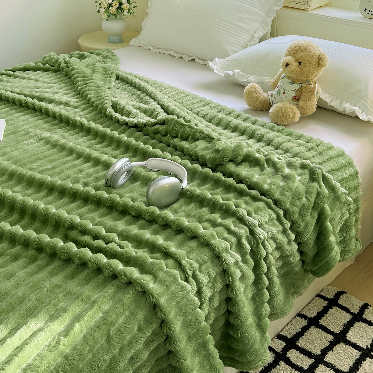 91家纺网 家纺一手货源 找家纺 耀悦家纺 2025新款高克重双面兔兔绒毛毯-柔梦系列一件代发外贸 柔梦-抹茶