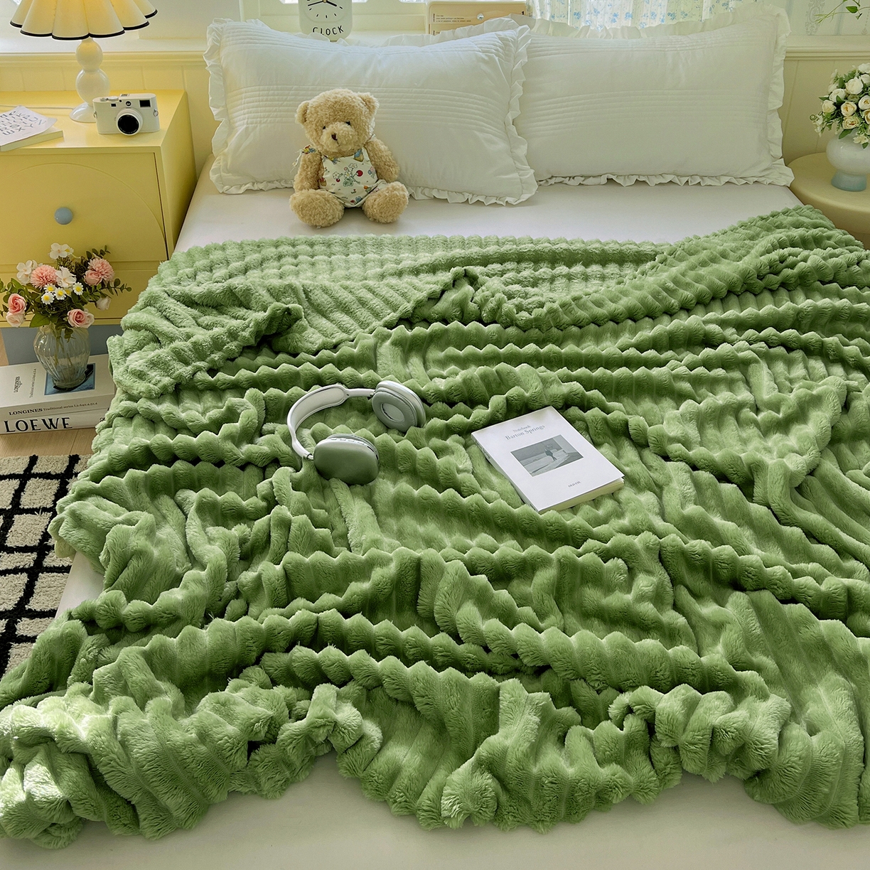 91家纺网 家纺一手货源 找家纺 耀悦家纺 2025新款高克重双面兔兔绒毛毯-柔梦系列一件代发外贸 柔梦-抹茶