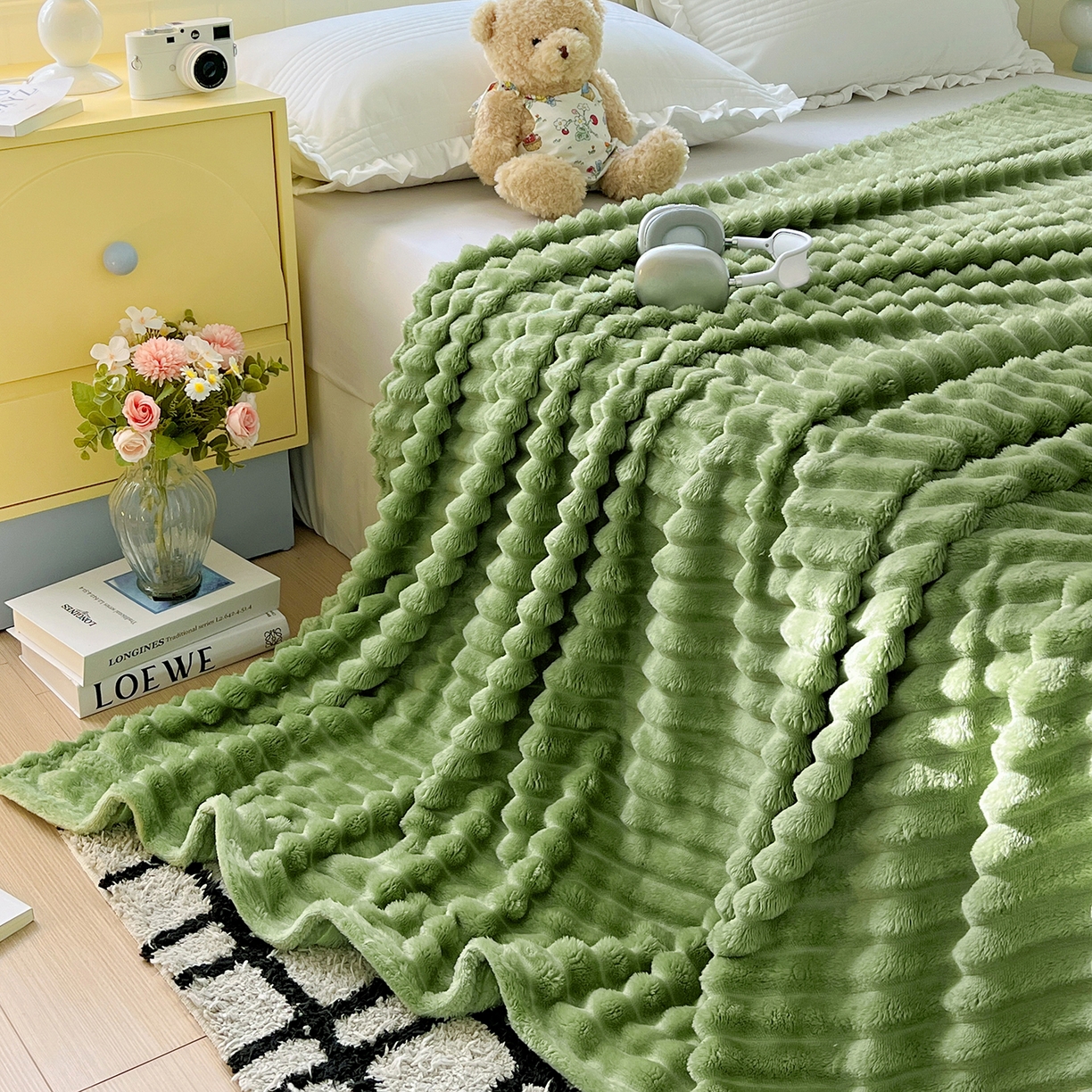 91家纺网 家纺一手货源 找家纺 耀悦家纺 2025新款高克重双面兔兔绒毛毯-柔梦系列一件代发外贸 柔梦-抹茶