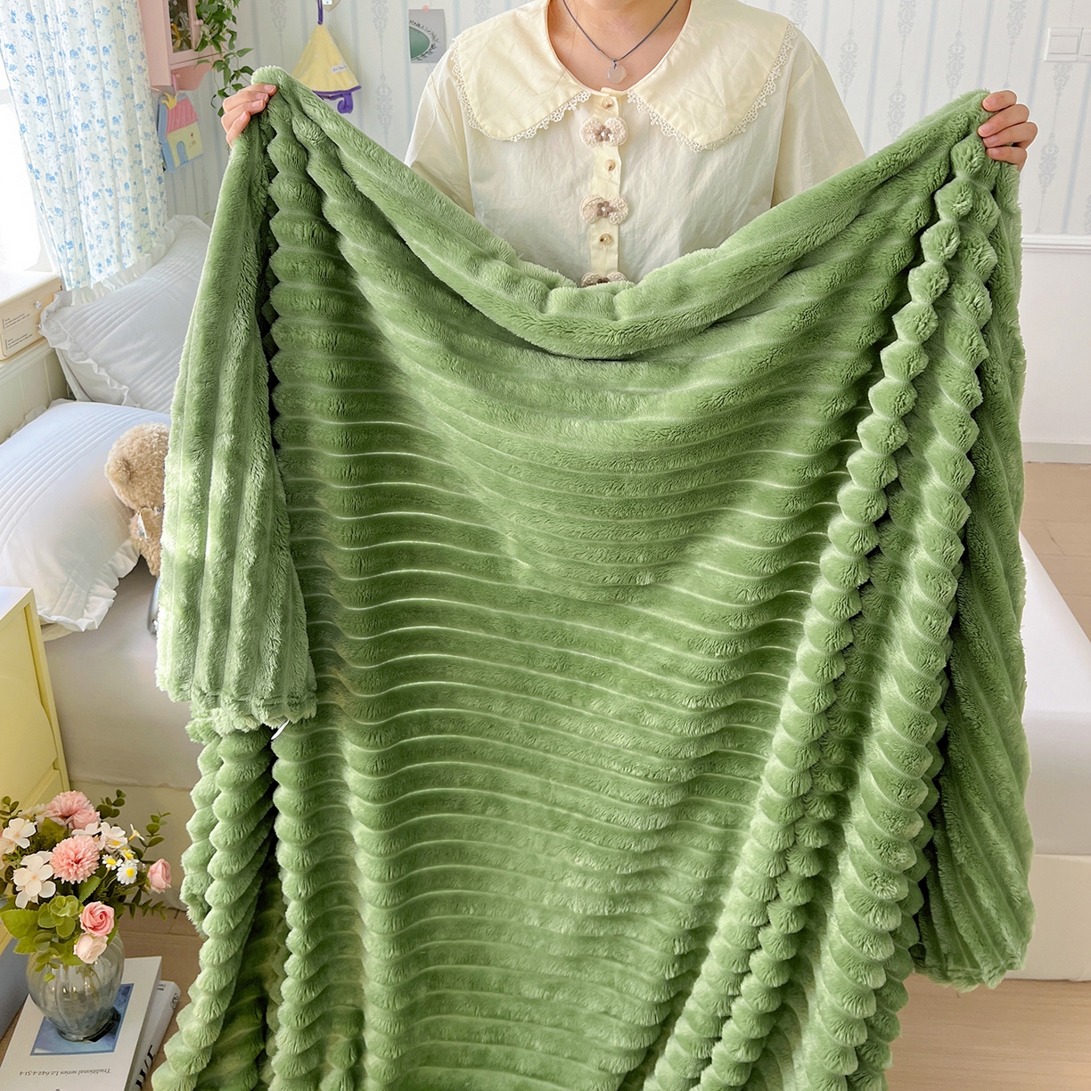 91家纺网 家纺一手货源 找家纺 耀悦家纺 2025新款高克重双面兔兔绒毛毯-柔梦系列一件代发外贸 柔梦-抹茶