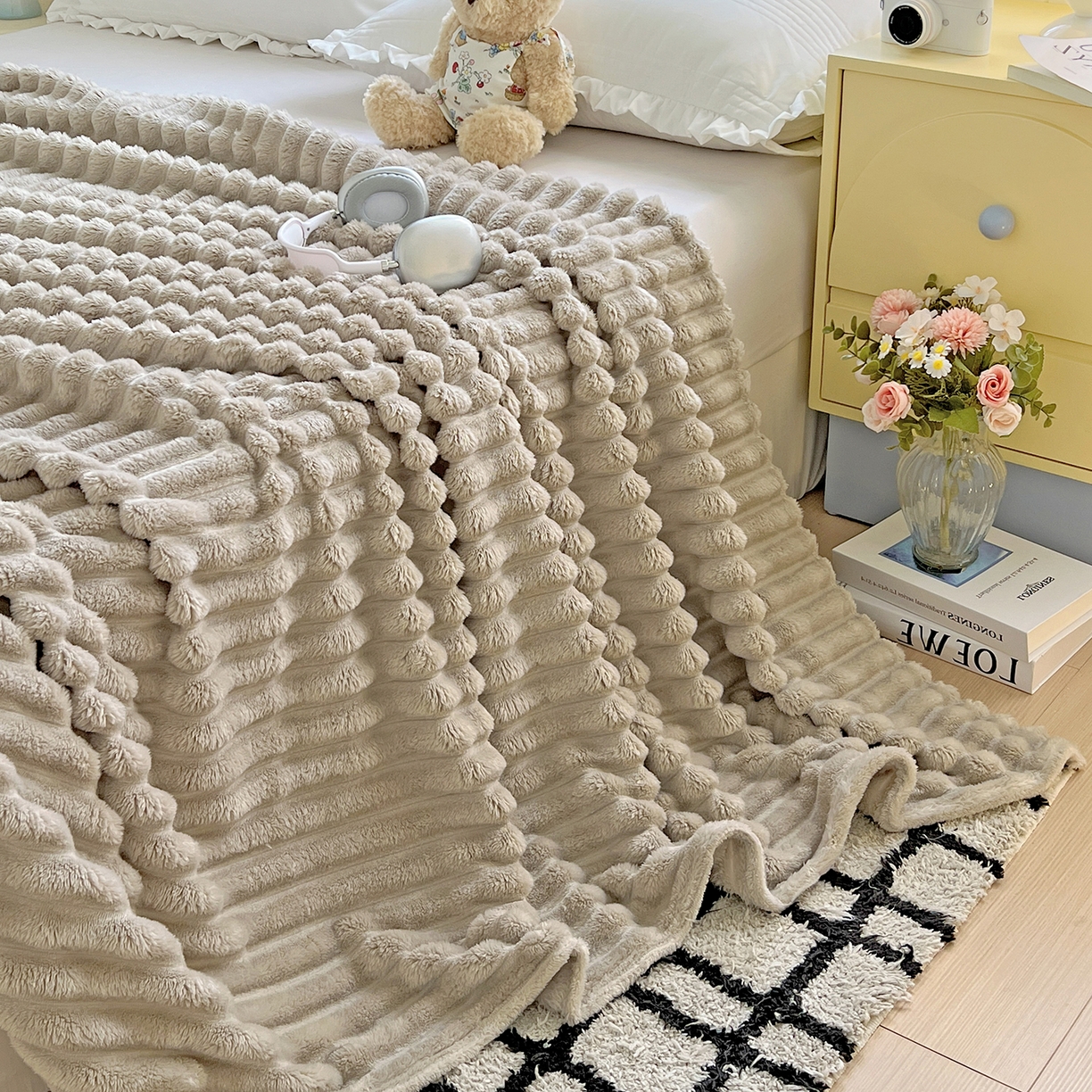 91家纺网 家纺一手货源 找家纺 耀悦家纺 2025新款高克重双面兔兔绒毛毯-柔梦系列一件代发外贸 柔梦-沙漠灰