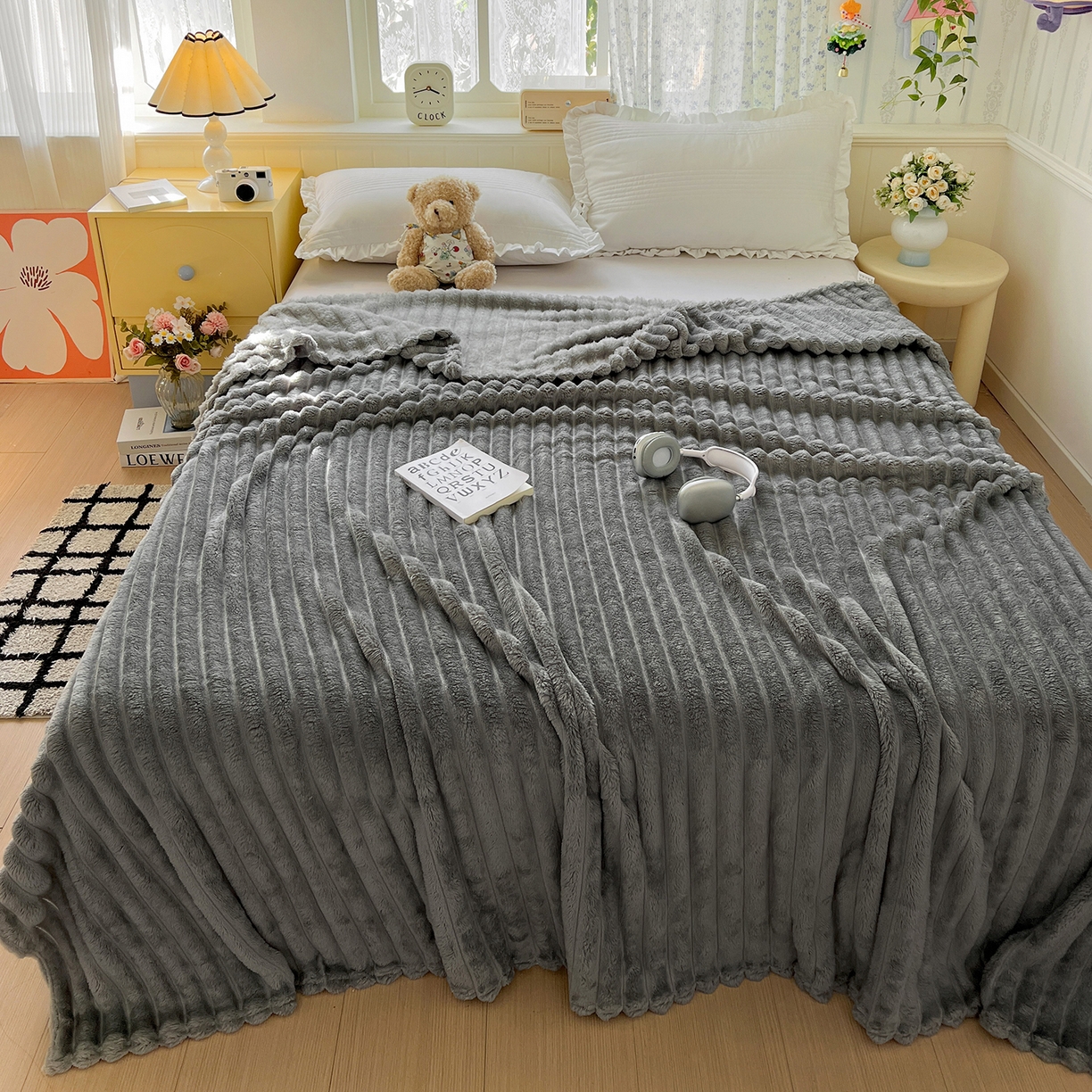 91家纺网 家纺一手货源 找家纺 耀悦家纺 2025新款高克重双面兔兔绒毛毯-柔梦系列一件代发外贸 柔梦-星空灰
