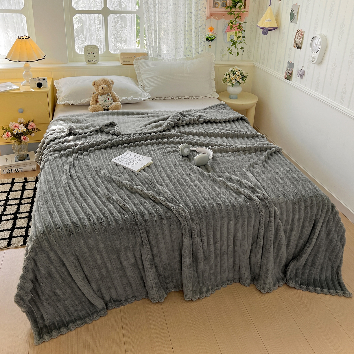 91家纺网 家纺一手货源 找家纺 耀悦家纺 2025新款高克重双面兔兔绒毛毯-柔梦系列一件代发外贸 柔梦-星空灰