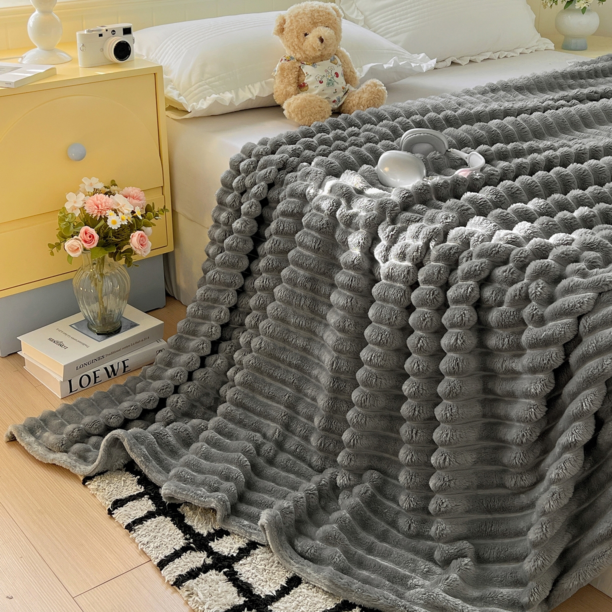 91家纺网 家纺一手货源 找家纺 耀悦家纺 2025新款高克重双面兔兔绒毛毯-柔梦系列一件代发外贸 柔梦-星空灰