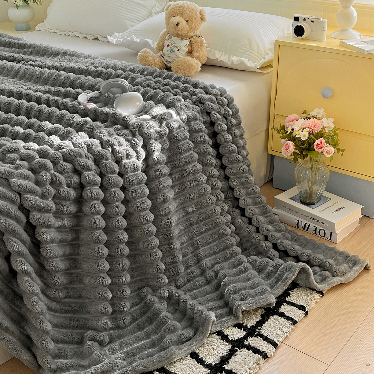 91家纺网 家纺一手货源 找家纺 耀悦家纺 2025新款高克重双面兔兔绒毛毯-柔梦系列一件代发外贸 柔梦-星空灰