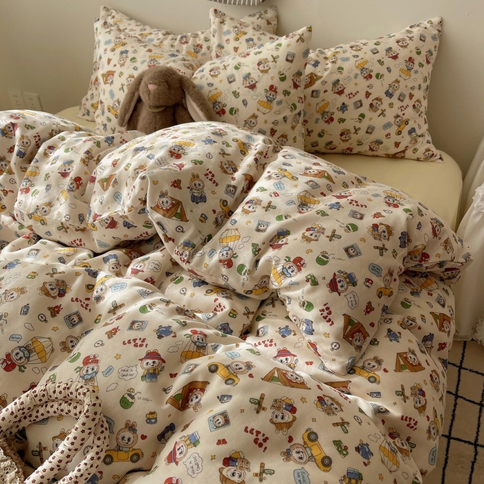 91家纺网 家纺一手货源 找家纺 （总）六巷胡同 2025新款INS卡通A类全棉纯棉双层纱四件套学生季三件套