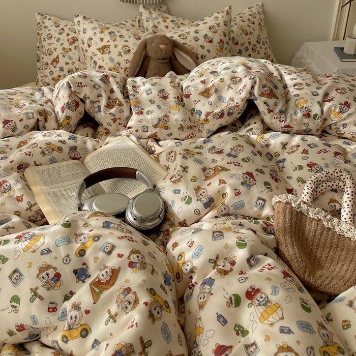 91家纺网 家纺一手货源 找家纺 （总）六巷胡同 2025新款INS卡通A类全棉纯棉双层纱四件套学生季三件套