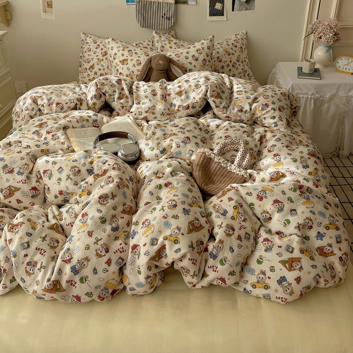 91家纺网 家纺一手货源 找家纺 （总）六巷胡同 2025新款INS卡通A类全棉纯棉双层纱四件套学生季三件套