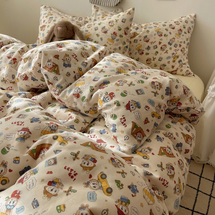 91家纺网 家纺一手货源 找家纺 （总）六巷胡同 2025新款INS卡通A类全棉纯棉双层纱四件套学生季三件套