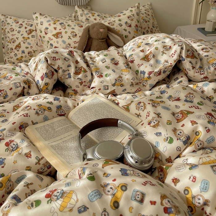 91家纺网 家纺一手货源 找家纺 （总）六巷胡同 2025新款INS卡通A类全棉纯棉双层纱四件套学生季三件套