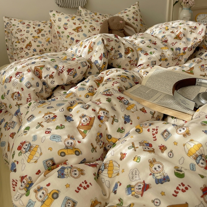 91家纺网 家纺一手货源 找家纺 （总）六巷胡同 2025新款INS卡通A类全棉纯棉双层纱四件套学生季三件套